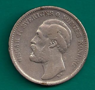 1876 Sweden 2 Kronor Oscar Ii.  800 / Net.  3858 Oz.  Asw Silver Scandinavian Coin photo