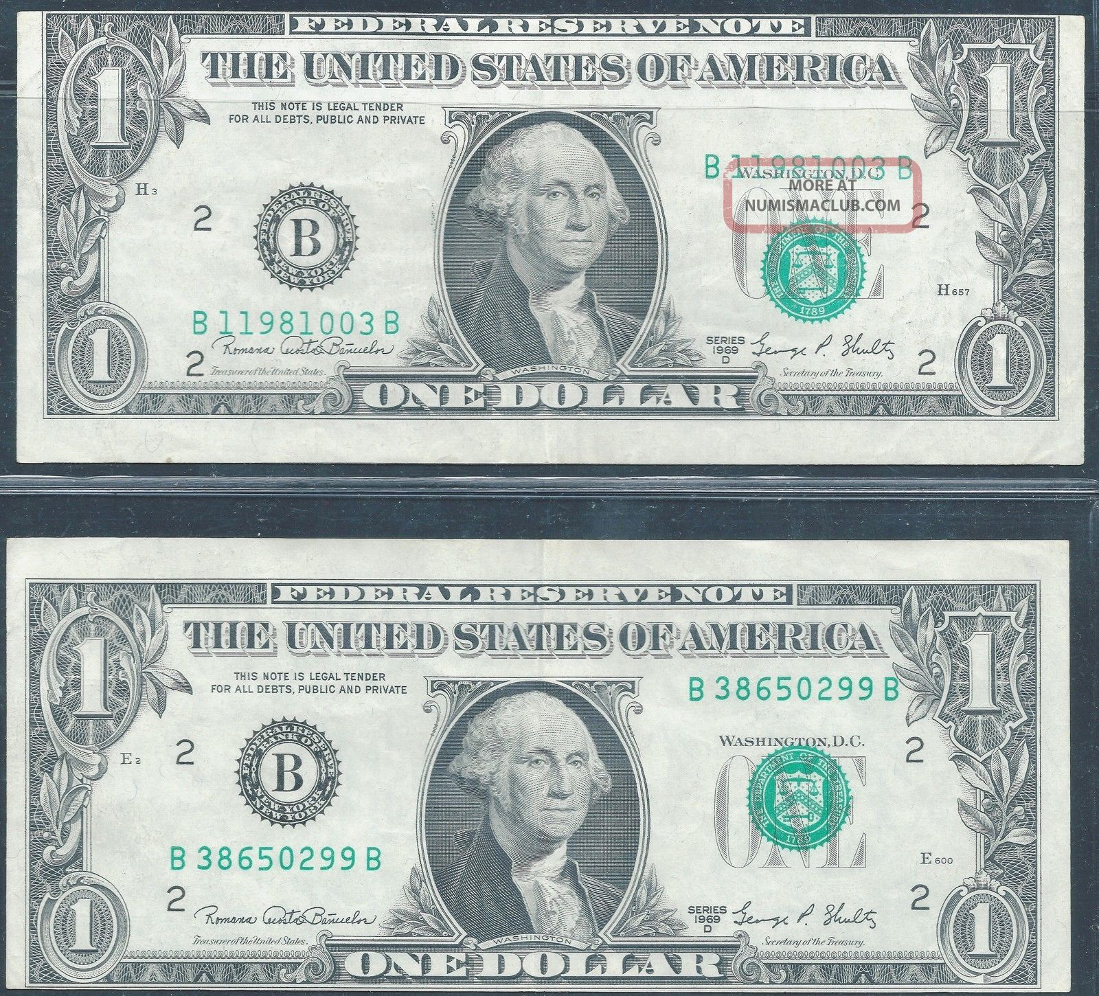 1969d $1 Federal Reserve Note Pair 2nd Print Shifted Up And Down Paper Money: US photo