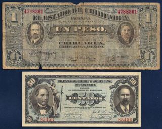 Mexico 1 Peso Chihuahua,  Sinaloa 50 Centavos 1915 S - 1042 Revolutionary Era photo