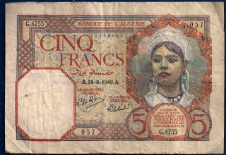 Algeria 5 Francs 1940 P - 77a Kerchief Girl Ww2 Era North Africa Theatre Note photo