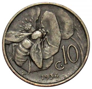 Italy 10 Centesimi Coin 1934 Km 60 Bee - photo