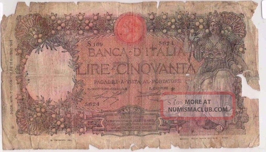 1915 Italy Rare R4 Banknote 50 Lire 37 Europe photo