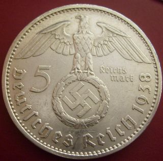 Wwii Antique Germany 5 Mark 1938 A Berlin Silver German Coin Big Wreath (te002) photo