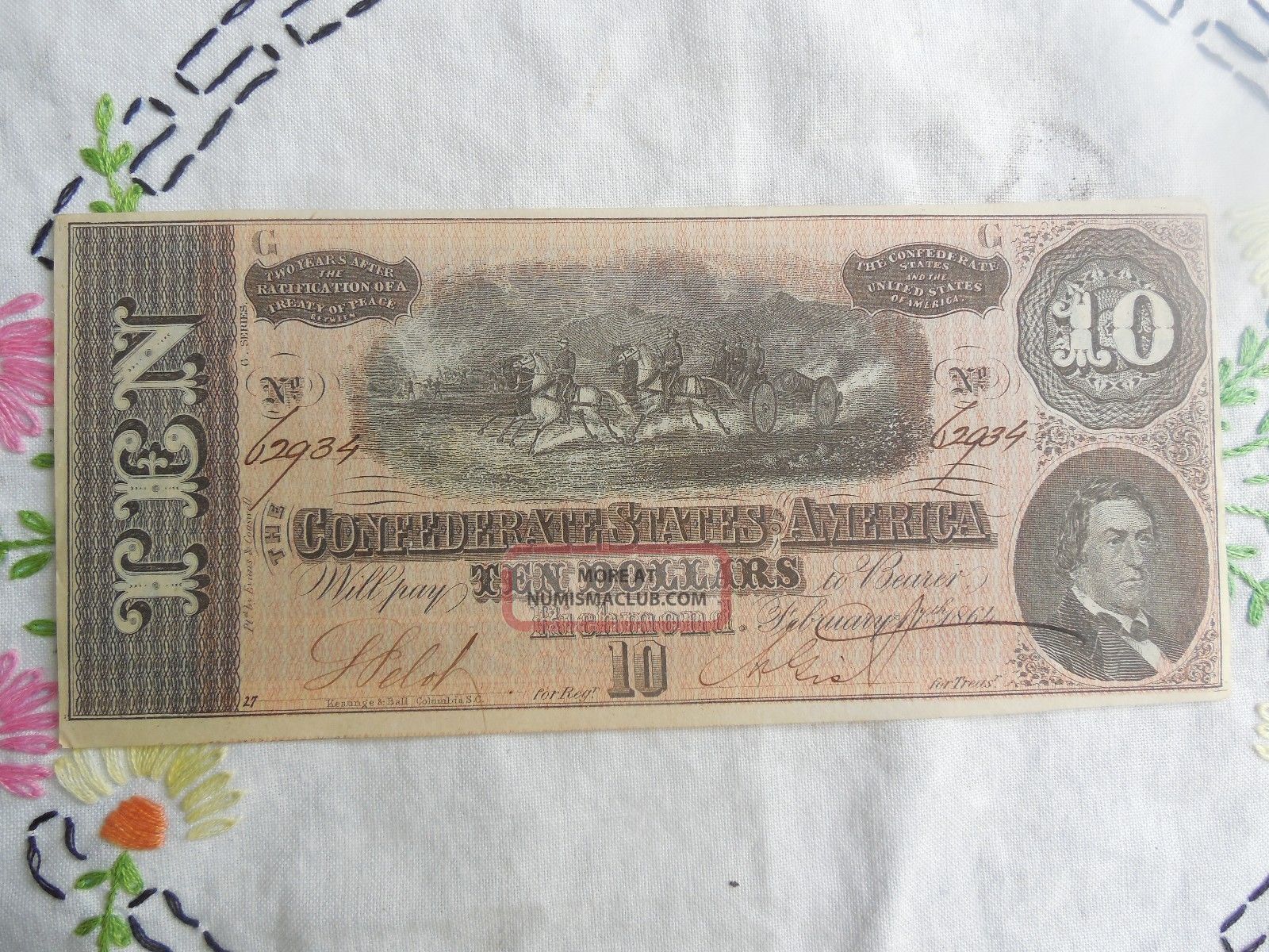 1864 T - 68 $10 Bill Confederate State Currency Note Civil War Money Paper Money: US photo