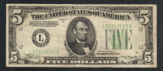 $5 1934a San Francisco California Frn Big C Green Seal Federal Reserve Note Bill photo