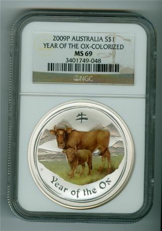 Australia 2009 $1 Year Of The Ox Colorized 1 Oz.  Silver Ngc Ms - 69 Gem Bu. photo