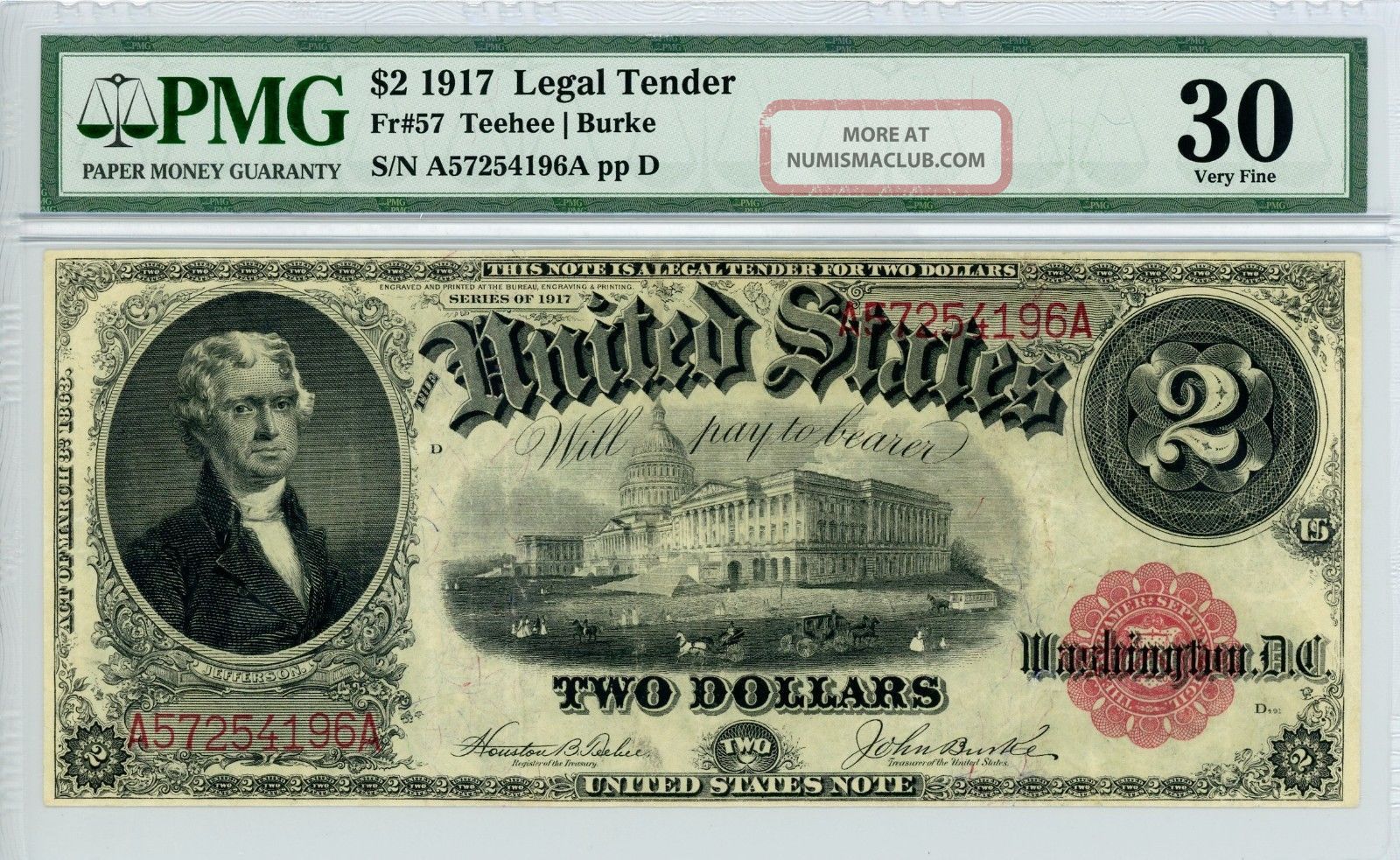 1917 Fr.  57 $2 United States Legal Tender Note - Pmg Very Fine 30 Large Size Notes photo
