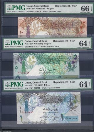 Qatar 2008 Unc Pmg 66 64 Replacement 10 5 1 Riyals Pick 30 29 28 Banknote photo