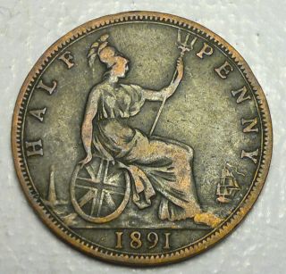 1891 Great Britain Uk 1 Half Penny Coin,  Queen Victoria photo
