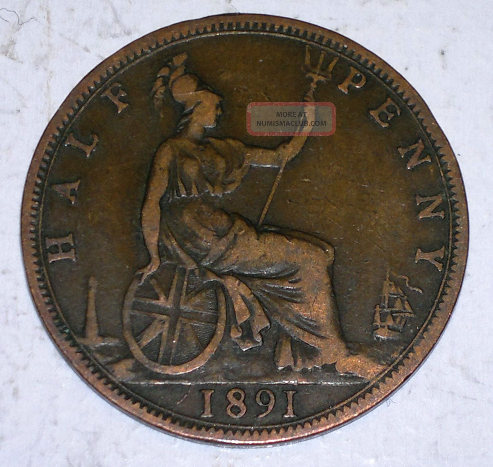 1891 Great Britain Uk 1 Half Penny Coin Queen Victoria