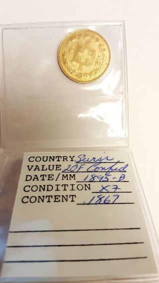 1895 - B Swiss Franc Helvetia 20 Francs Gold Coin photo