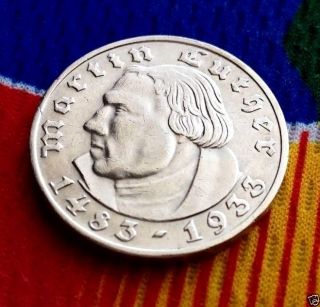 Ww2 German 2 Mark 1933 F Silver Coin Martin Luther Third Reich Reichsmark 5 Star photo