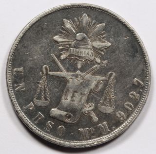 Mexico 1872 Republic Mo M 1 Un Peso Silver Coin Xf Darkly Toned photo