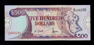 Guyana 500 Dollars (1996) Sign.  10 Pick 32 Unc Banknote. photo