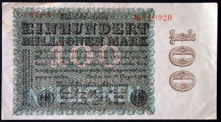 Germany 1923 100 Million Mark P - 107 German Inflation Banknote 19920 photo