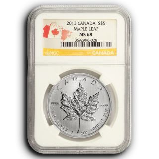 2013 Ngc Ms68 Canada Maple Leaf 1 Oz Silver 5 Dollar Coin photo