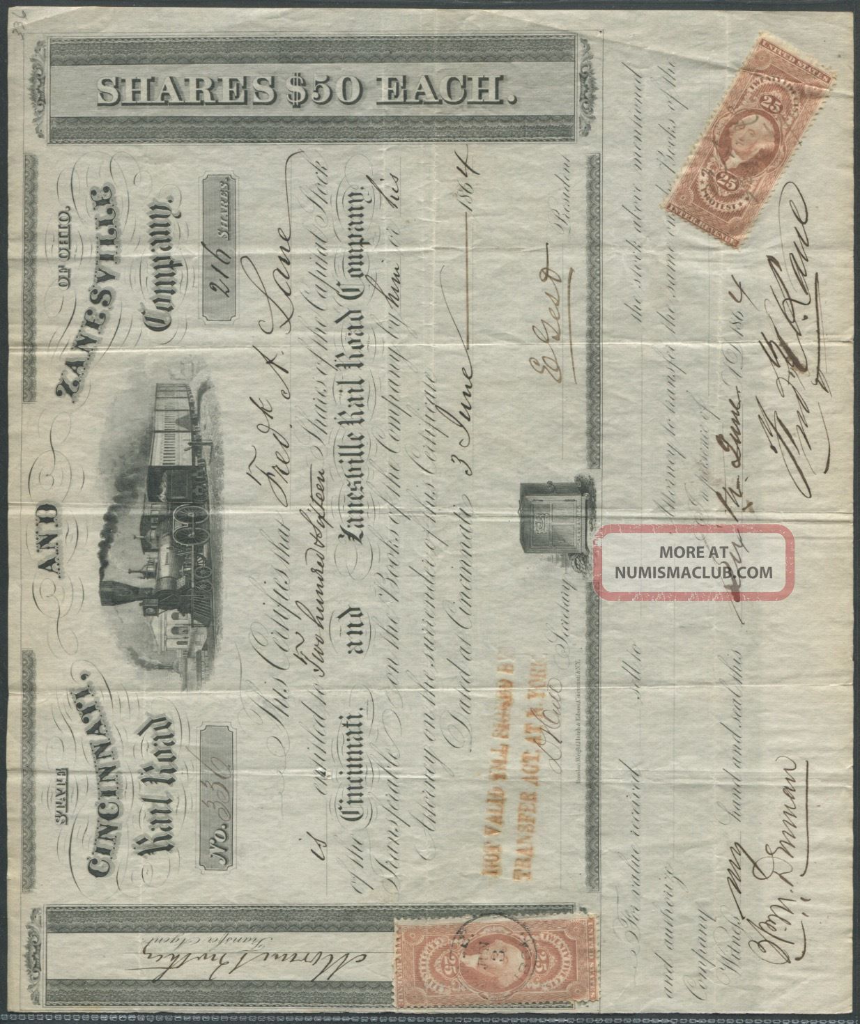 Historic Stock Certificate Signed,  Erasmus Geas (1864) Amer.  Civil War Area 7446 Transportation photo