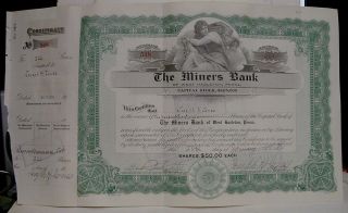 1924 The Miners ' Bank Stock Certificate - West Hazleton,  Pa photo