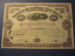 Old 1886 Missouri Kansas And Texas Railway Co.  - Railroad - Stock Certificate photo