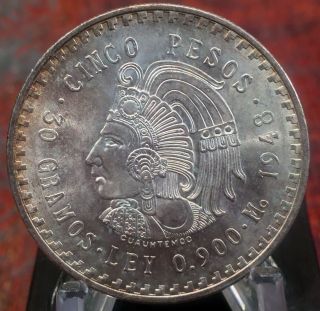 Mexico: Silver 5 Pesos,  1948 Cuauhtemoc Great Toning Nr photo