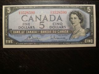 1954 5 Dollars Bank Of Canada Prefix Num: U/x 3528590 Bc - 39c E.  F,  Cond photo