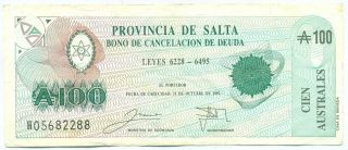 Argentina Note Emergency Salta 100 Australes 1989 068 Dec.  887/89 Vf, photo