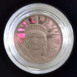 1998 - W $25 Platinum Eagle Proof 1/4oz.  9995 Platinum W/ Box & photo