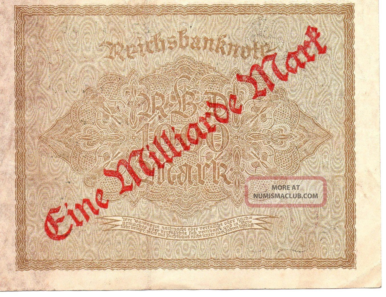 Xxx - Rare 1 Milliarde (billion) Mark Weimar Inflation Banknote 1922 F