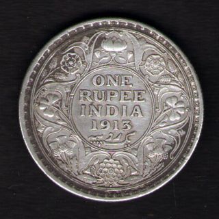 British India - 1913 - George V One Rupee Silver Coin Ex - Rare Date photo