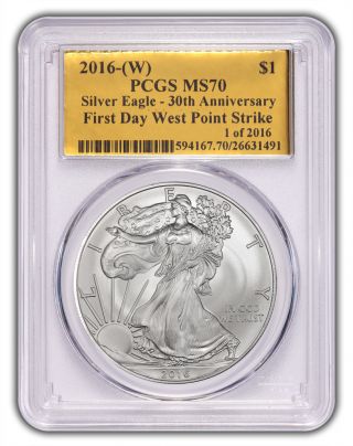 2016 1oz Silver Eagle First Day Of Issue Gold Foil - 1 Of 2016 Pcgs Ms70 Fdoi photo