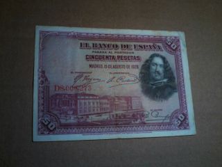 Spain 1928 50 Pesetas Banknote Shape photo