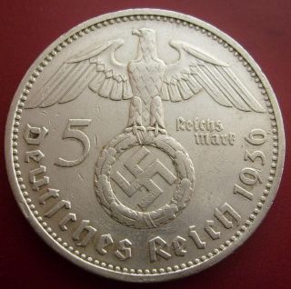 Wwii Rare Antique Germany 5 Mark 1936 F Silver German Coin Big Wreath (sch05) photo
