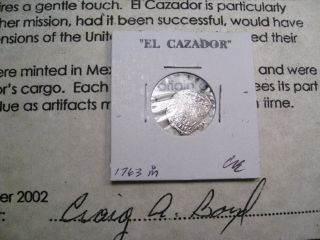 Dated; 1763 M R Silver 1/2 Reales - El Cazador Shipwreck.  Spanish Mexico.  8 photo