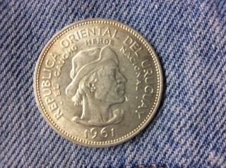 1961 Uruguay 10 Peso Silver Coin Unc photo