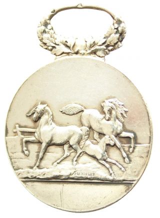 Gorgeous Antique Solid Silver Art Medal The Horses & The Foal By Blondelet 1887 photo
