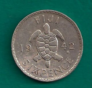 Fiji British Ad Sixpence (6d / Six Pence) 1942 - S Ww2 Era Sea Turtle Reverse Coin photo