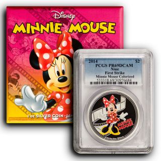 2014 Niue Pcgs Pr69 Fs Minnie Mouse Disney.  999 Silver $2 First Strike & Ogp photo
