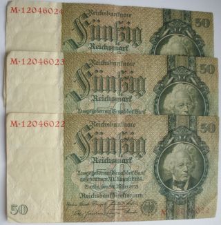 Ww2 Germany 3x50 Mark Reichsbank Note Issued 1933/f - Vf/consec Serial ’s photo