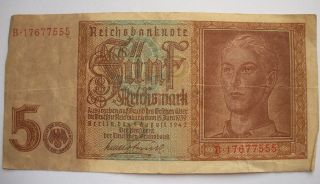 Ww2 3rd Reich Germany 5 Reichsmark“aryan Boy”bank Note Issued 1942/g photo