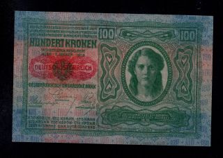 Austria 100 Kronen (1919 - Old Date 2 - 1 - 1912) Pick 55a Xf Banknote. photo