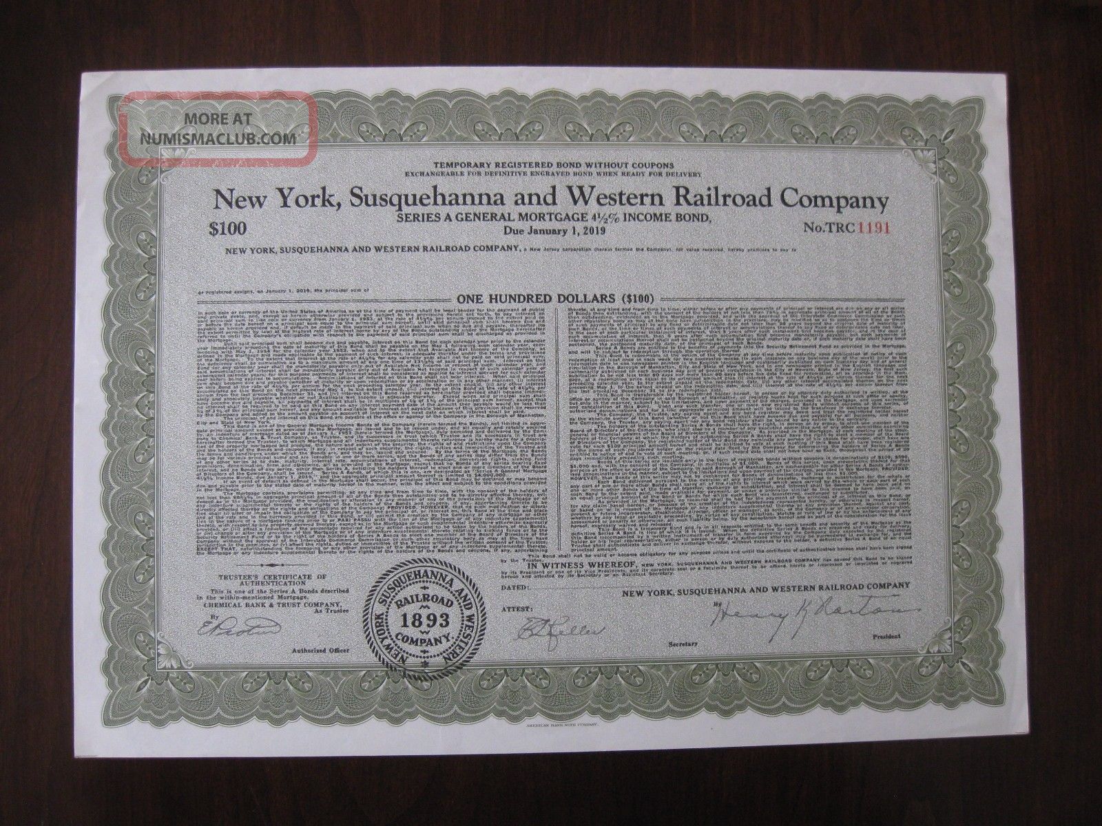 York Susquehanna And Western Railroad Company Unissued Income Bond 1191 Transportation photo