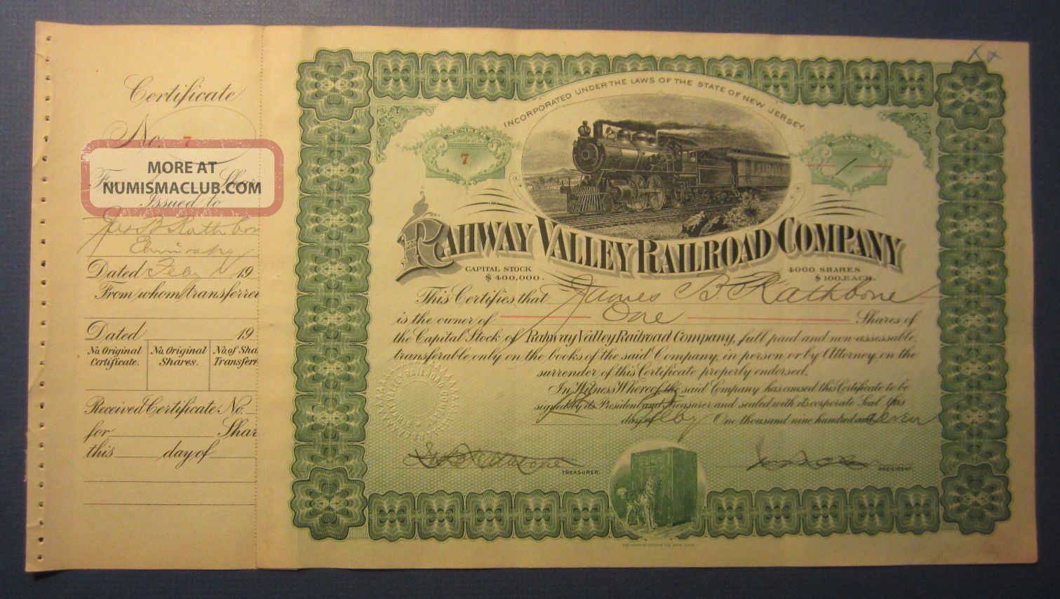 1907 Rahway Valley Railroad Co.  Stock Certificate - Signed Cole - Rathbone Transportation photo