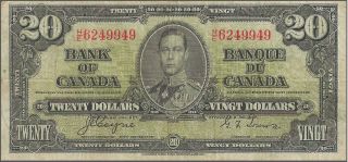 1937 George Vi Canadian 20 Dollar Bill Prefix He photo