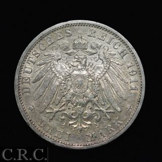 1911 Germany - Prussia 3 Mark.  900 Silver Xf, photo
