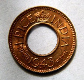 1943 - B 1 One Pice Hole Coin Bronze King George Vi India British Raj Unc M678 photo