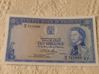 Rhodesia 10 Shilling Note 1964 Reserve Bank Of Rhodesia Vf Or Better photo