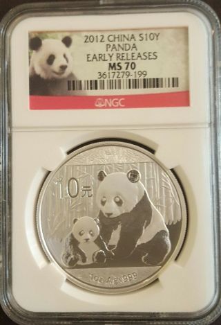 2012 China Panda 10 Yuan Silver Coin 1 Oz Ngc Ms70 Early Releases Panda Label photo