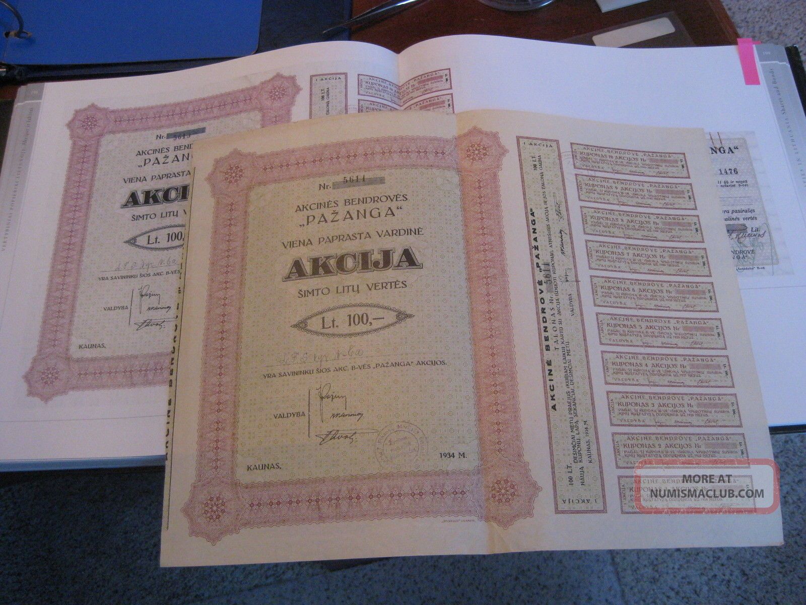 Lithuanian 100 Litu Joint Stock Company Pazanga Certificate 1934 Kaunas 902 Stocks & Bonds, Scripophily photo