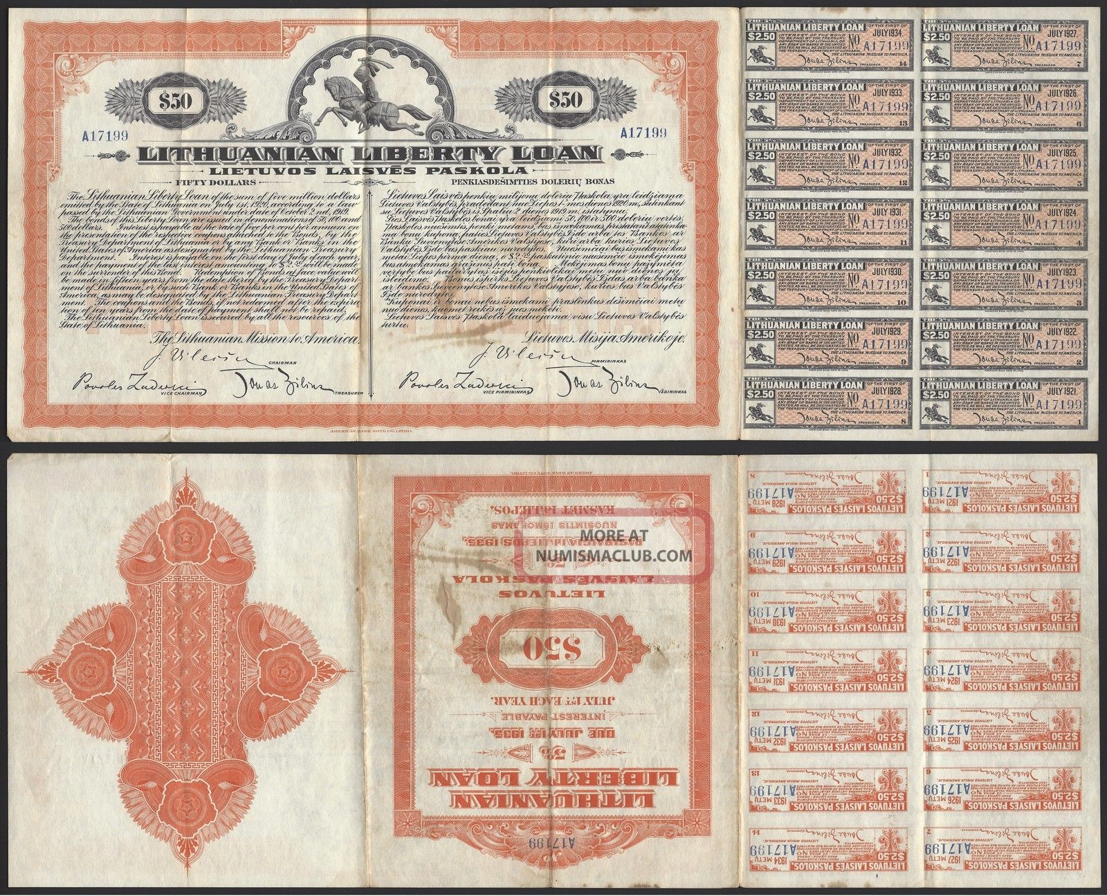Lithuanian Liberty Loan Certificate 1920 50 Dollars 5 Interest/year 901 Stocks & Bonds, Scripophily photo