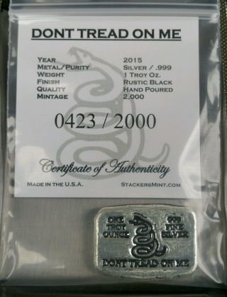 1 Oz.  999 Silver Hand Poured Second Amendment Snake Don ' T Tread On Me Rare photo